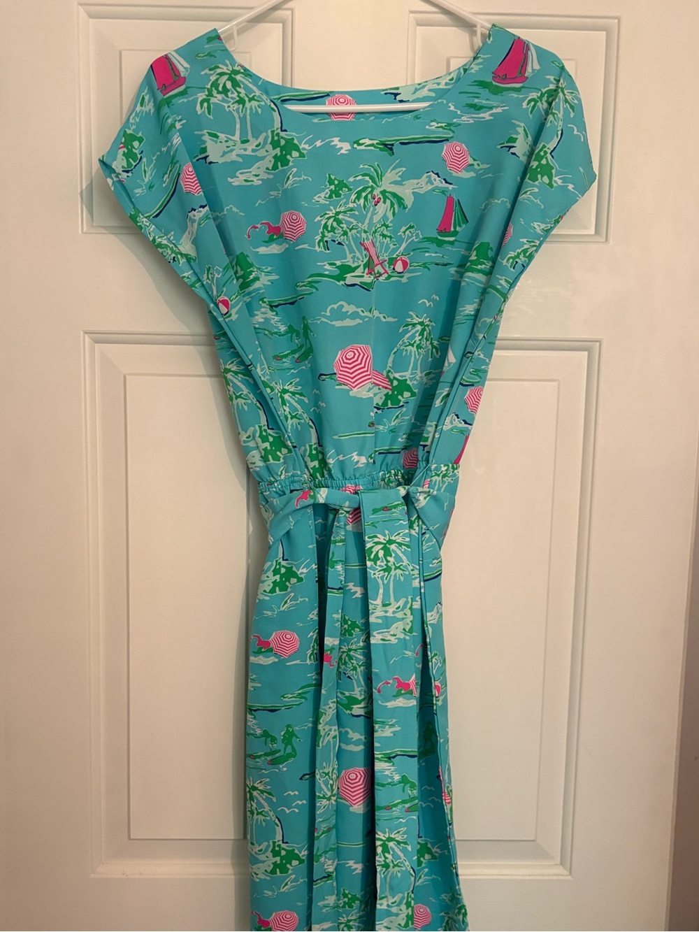 All For Color Turquoise Beach Print Belted Dress with Pink Accents